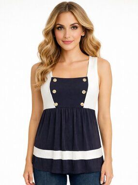 Button Square Neck Tank Classic Coastal Costume Gift Sailor Spring Summer Travel